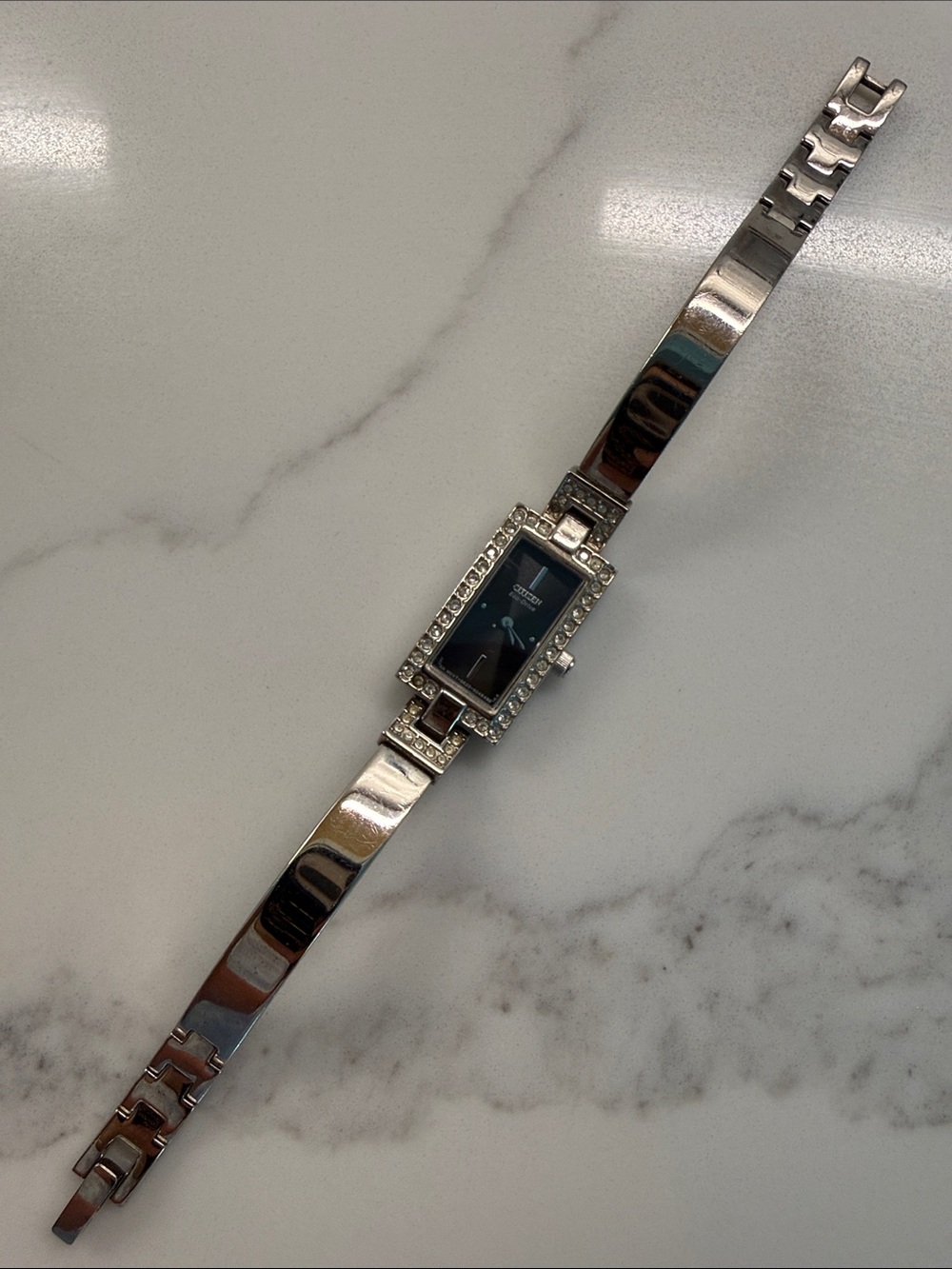 Women’s Citizen Eco-Drive Watch -Crystal Bezel Black Dial Silver Bracelet